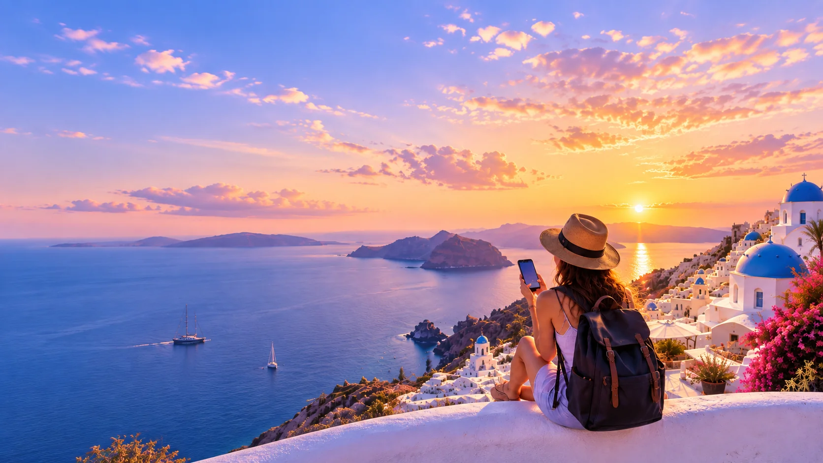 Traveler overlooking Santorini at sunset