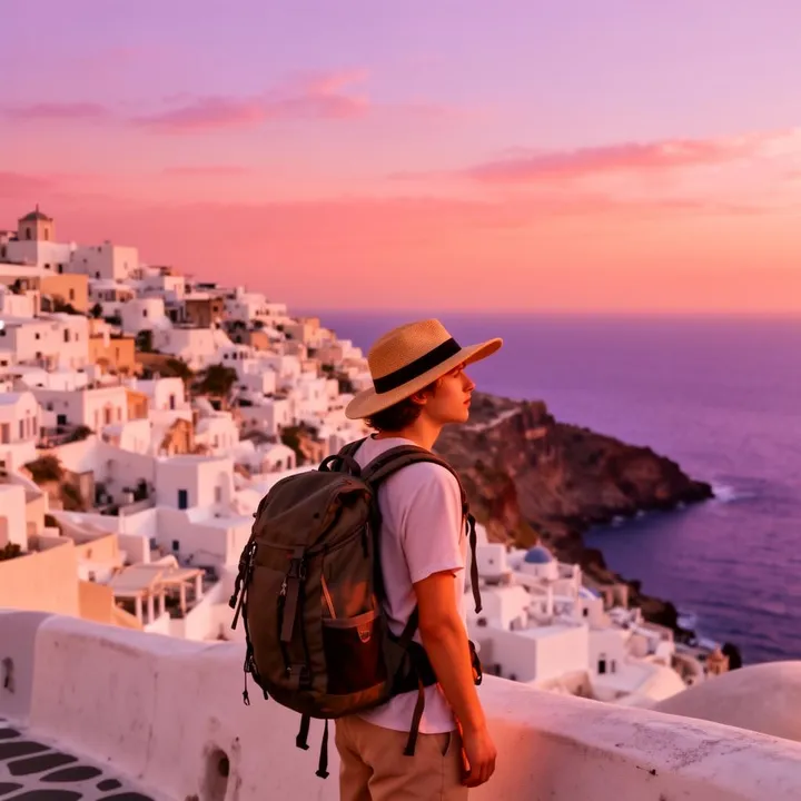 Traveler with backpack overlooking a Mediterranean coastal town at sunset